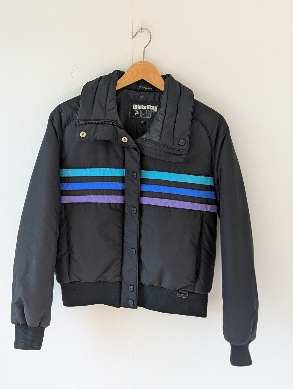 Vintage 80's White Stag Ski Bomber Winter Jacket Black Blue Stripes Size Medium